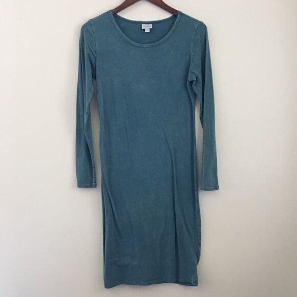 LuLaRoe Acid Wash Teal Debbie Long Sleeve Dress - Picture 2 of 7